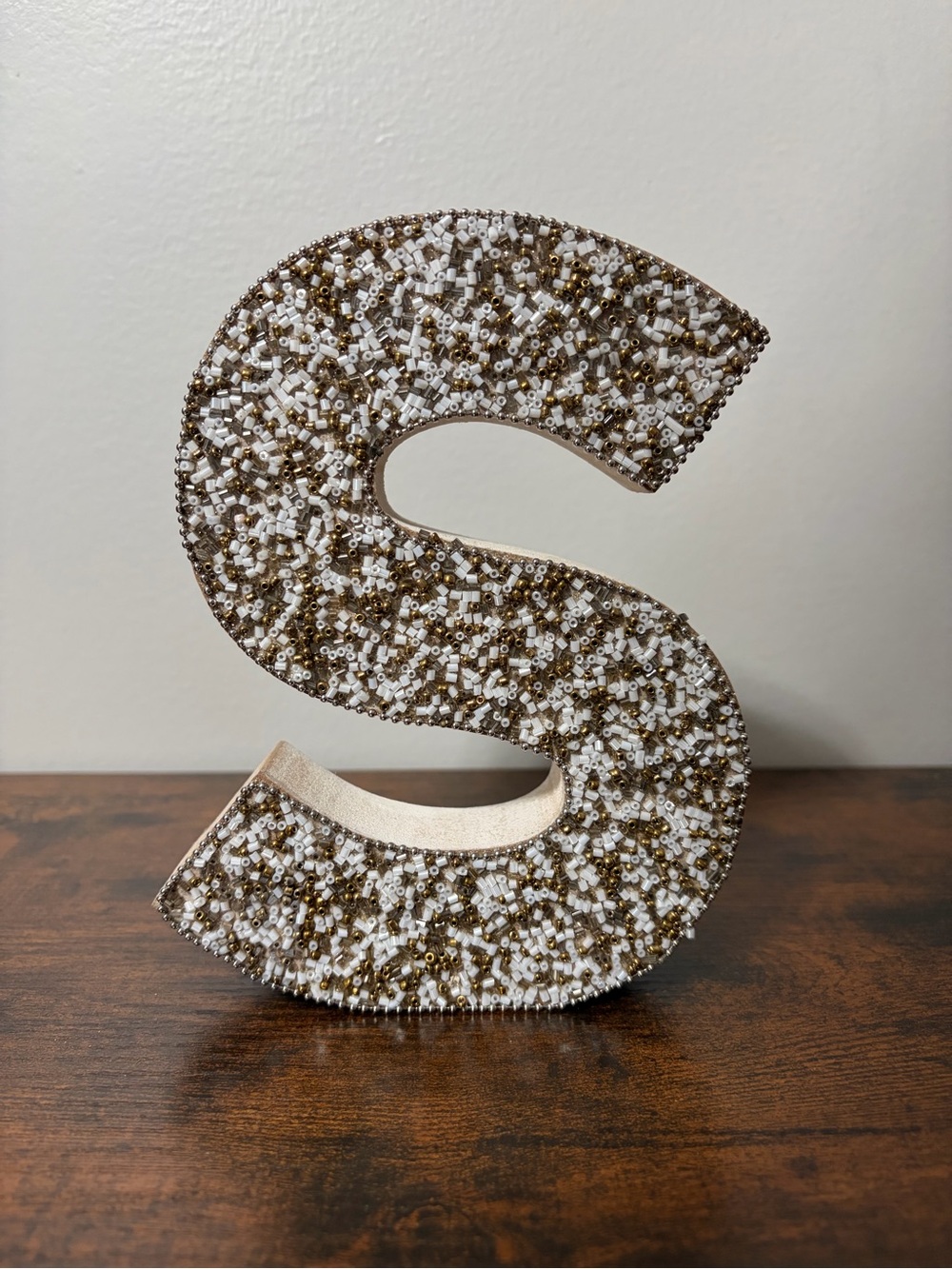 Beaded Decorative Letter S - White & Gold